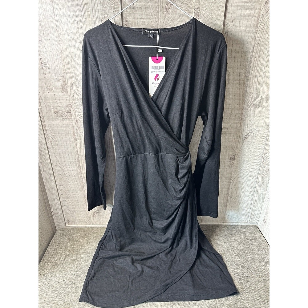 Berydress Womens Black Long Sleeve Wrap V-Neck Midi Dress XL 6090-Black - Picture 1 of 7